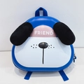 Close-up of blue eggshell puppy backpack with plush ears and printed Friend text - Blue