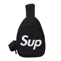 Kids black crossbody chest bag with white Sup lettering and adjustable woven strap - Black