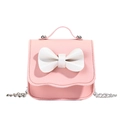 Pink mini crossbody bag for girls featuring a white bow accent and silver chain strap - White and Pink