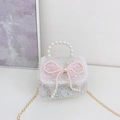 Silver sequin girls purse with pink lace bow and white pearl handle detail - White