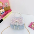 Light blue sequined kids handbag with pink lace bow, pearl handle and gold chain strap - Blue