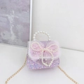 Pink and purple tweed girls handbag with pearl handle and mesh bow accent - Purple