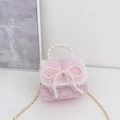 Pink sequin girls handbag with large tulle bow, pearl handle and gold chain strap - Pink