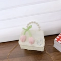 Cream lace mini crossbody bag with pearl handle and pink tulip floral decoration - Beige Tulip