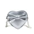 Metallic silver heart-shaped girls crossbody bag with bow detail and pearl chain - Silver