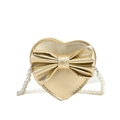 Metallic gold heart-shaped crossbody bag with a large bow and white pearl chain strap - Gold