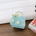 Mint blue lace girl's shoulder bag with pearl handle and tulip ribbon accessory - Blue Tulip