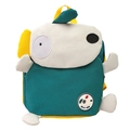 Green and white cartoon dog backpack for kids featuring a yellow handle and HELLO MANA badge - Green