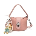 Pink knit mini bucket bag for girls featuring a cute cartoon doll and pearl pendant - Pink With Pendant