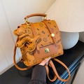 Sac à dos marron style collège avec imprimé nœud et accessoire charme animal - Jaune (Sans Pendentif)