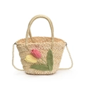 Handgefertigte Strohtasche mit Häkeltulpen und eleganter Perlenkette für Damen - Bunte Tulpe