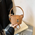 Chic brown patchwork woven bucket bag with leather trim and round top handle - Brown (Bag Only)