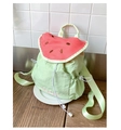 Close-up of cute watermelon children backpack with drawstring and embroidery detail - Green Watermelon