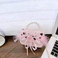 Pink tweed girl's mini handbag with white pearl handle and faux feather trim - Pink Heart