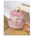 Detail of pink and green kids backpack with guava embroidery and drawstring closure - Guava Pink