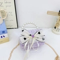 Purple knitted girl's handbag with white pearl handle and heart bow detail - Purple Heart