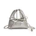 Mini silver chain bag for girls featuring a metallic bow design and trapezoid shape - Silver