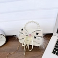 Mini cream tweed crossbody bag with pearl handle and pink heart gemstone decoration - Beige Heart