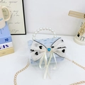 Light blue tweed handbag with pearl handle, bow decoration and gold chain strap - Blue Heart