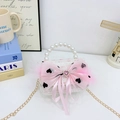 White tweed girls handbag with pink ribbon bow, pearl handle, and gold chain strap - White Heart