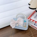 Petit sac en tweed bleu clair pour enfant avec nœud rose et poignée en perles - Dentelle Bleue