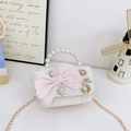 Mini sac à main en tweed beige pour filles avec nœud rose et bandoulière dorée - Dentelle blanche