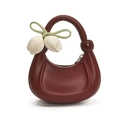 Burgundy moon-shaped handbag for kids featuring white tulip charms and green ribbon - Burgundy