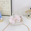 Pink tweed mini pearl handbag with large tulle bow and gold chain strap for girls - White Pink Lace