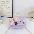 Purple tweed mini princess bag with pink bow, pearl handle and chain shoulder strap - Purple Lipstick Style