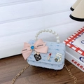 Mini light blue tweed princess handbag with pearl handle and bow for young girls - Blue Lipstick