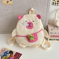 Cream cartoon bear schoolbag with pink ears and a cute green turtle plush charm - Small / White (Design 1)