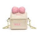 Sac bandoulière brique de lait blanc crème pour fille avec nœud rose et chaîne dorée - Blanc