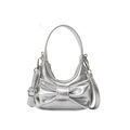 Silver mini handbag with bow decoration and detachable shoulder strap in metallic PU leather - Silver