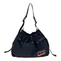 Black outdoor nylon drawstring crossbody bag with colorful mountain patch for children - Black