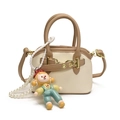 Cute mini crossbody bag for kids in beige and brown with a cartoon doll pendant - With Pendant / Khaki