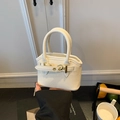 Mini cream shell handbag for kids featuring textured fabric and gold buckle accent - Bare Bag / White