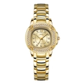 Elegante goldene Damen-Quarzuhr mit kristallbesetzter Lünette und strahlendem Zifferblatt - Goldenes Gehäuse Goldenes Zifferblatt Goldenes Stahlband