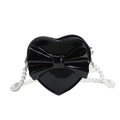 Heart-shaped black glossy shoulder bag with bow detail and white pearl strap - Black