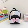 Black sequin kids backpack with rainbow butterfly wings and pink heart bow detail - Black