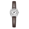 Elegant silver oval watch with white Roman numeral dial and dark brown leather strap - Silver Case White Dial Grey Strap