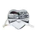 Silver mirror heart-shaped girls bag with a large bow and pearl beaded strap - Silver