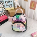 Quilted mini backpack for girls with pink lace crown, sequins, and pearl handle - Black