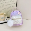 Quilted toddler backpack in iridescent purple and white with pearl handle and fur ball - Purple