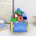 Blue kids backpack featuring cute capybara cartoon prints and yellow side accents - Blue