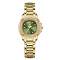 GEDI Luxus Damen Quarzuhr mit grünem Zifferblatt, Goldstahlband und Strass-Lünette - Goldenes Gehäuse Grünes Zifferblatt Goldenes Stahlband