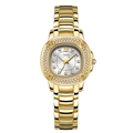 Elegante goldene Quarzuhr für Damen mit Kristall-Lünette und luxuriösem Edelstahlarmband - Goldenes Gehäuse Weißes Zifferblatt Goldenes Stahlband