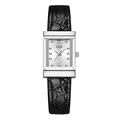 Retro square silver watch with black pebble-textured leather strap and Roman numerals - Silver Case White Dial Black Strap