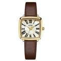 Elegant vintage square watch with white mother of pearl dial and brown leather strap - Gold Case Gold Pearl Dial Brown Strap