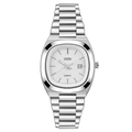 Elegante reloj de acero plateado con esfera ovalada blanca y ventana de fecha - Caja Plateada Esfera Blanca