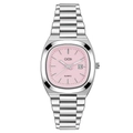 Reloj elegante de acero plateado con esfera ovalada rosa claro y ventana de fecha mujer - Caja Plateada Esfera Rosa